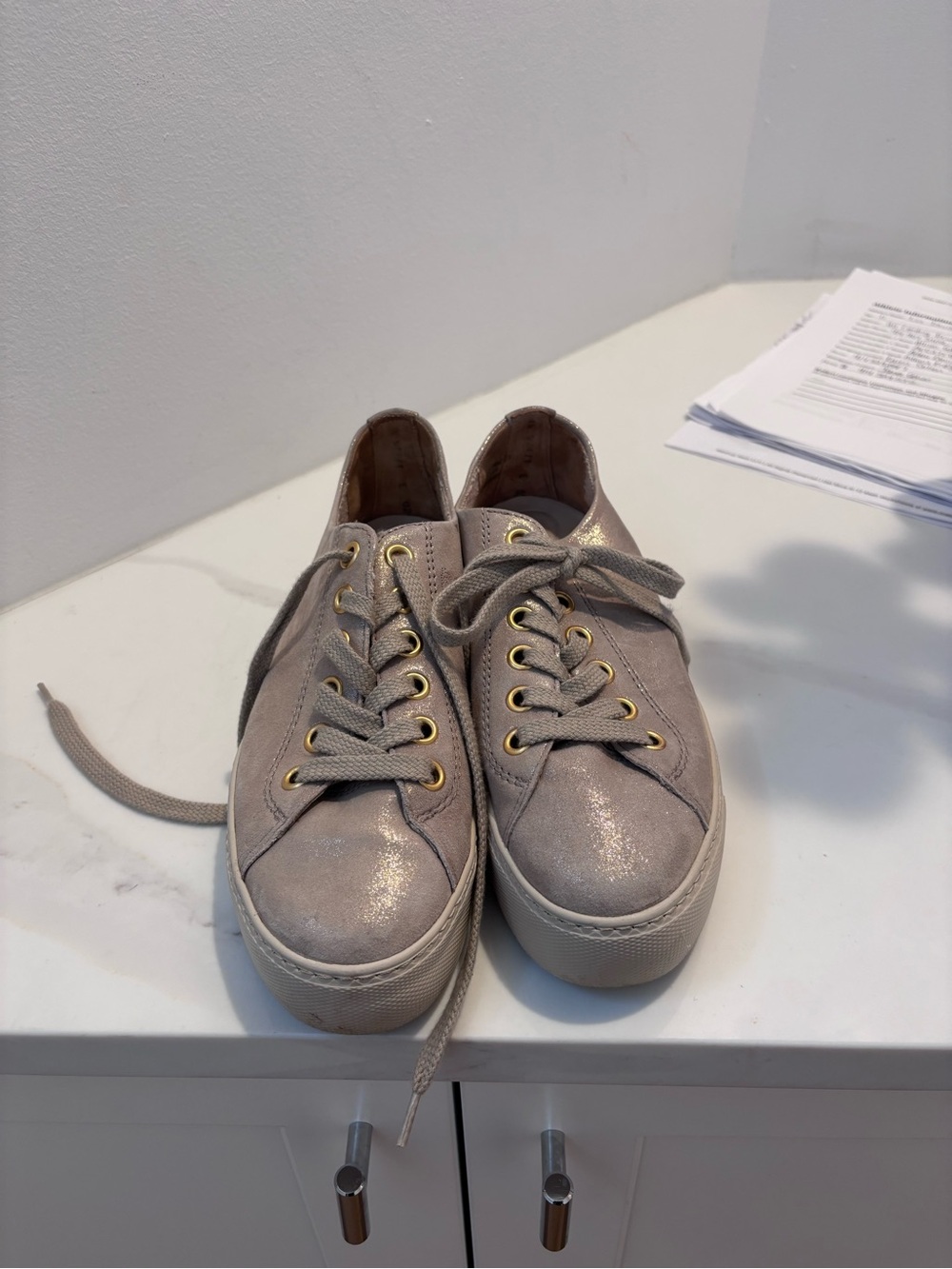 Paul Green Shimmering Taupe Lace-Up Platform Sneakers